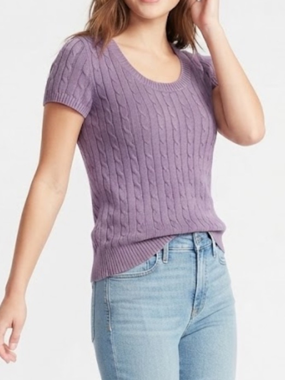 JEANNE PIERRE Lavender Cable Knit Short Sleeved Top Large 100% cotton